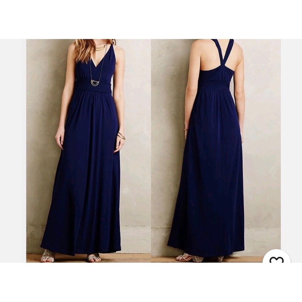 Maeve Anthropologie Navy Blue Yuma Maxi Dress Woven Empire Waist V-Neck Size 4 - Picture 1 of 7